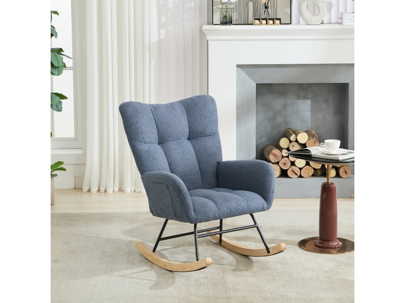  Fauteuil à bascule - 65x77x90cm - fauteuil rocking chair tissu bouclette teddy avec poche et pieds bois massif - bleu  - Conforama B