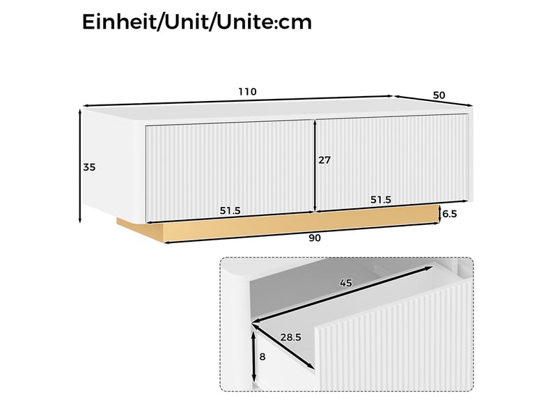  Table basse blanche 110 x 50 x 35 cm avec 2 tiroirs, façade rainurée, rangements ouverts, angles arrondis  - Conforama C