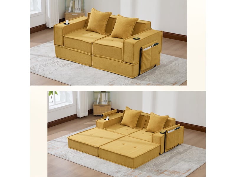  Canapé droit convertible 2 places en tissu jaune moutarde avec coussins, rangements latéraux et porte-gobelets  - Conforama E