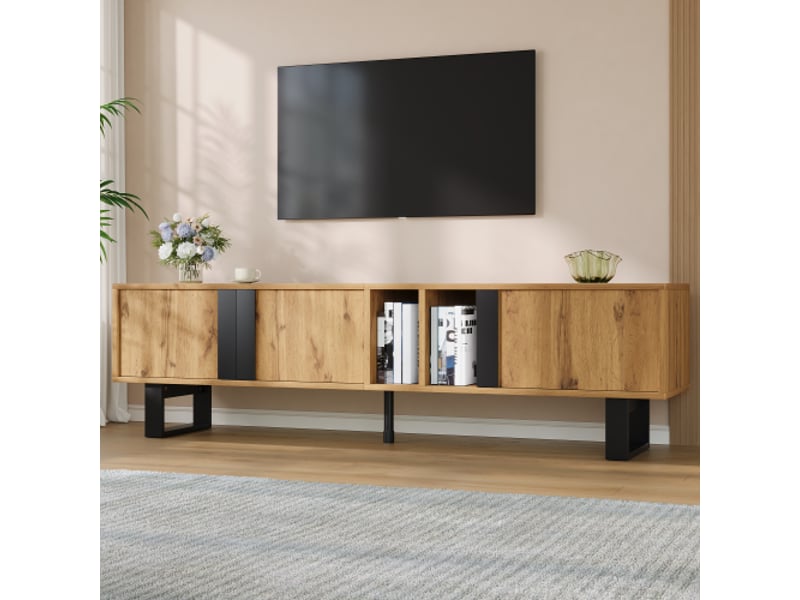  Meuble tv 3 portes, 2 compartiments, étagères ouvertes, pieds en fer noirs, passages câbles, charnières amorties  - Conforama D