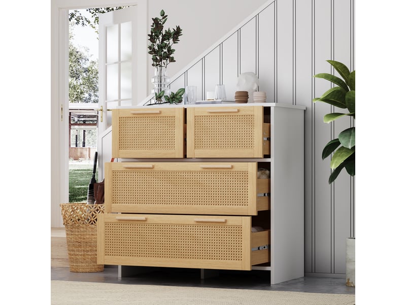 Commode de chambre, 80x80x38 cm, meuble de rangement chiffonnier pour salon et entrée, 4 tiroirs en rotin naturel, naturel et blanc - Conforama W
