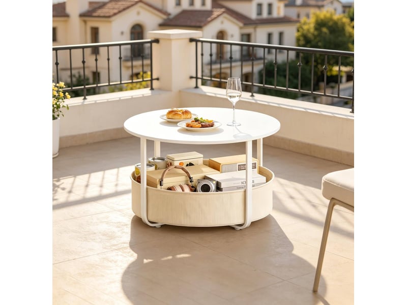  Table basse ronde avec panier de rangement en toile ø 80 cm, beige et blanc  - Conforama B