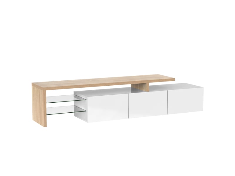  Meuble tv avec portes et niches ouvertes, 197,5 x 39 x 42 cm, éclairage led, tablettes en verre et façade brillante, mdf, blanc Morn Vibe - Conforama E