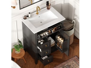 Meuble sous vasque 61 x 47 cm – noir brillant – vasque en céramique et rangements à fermeture douce