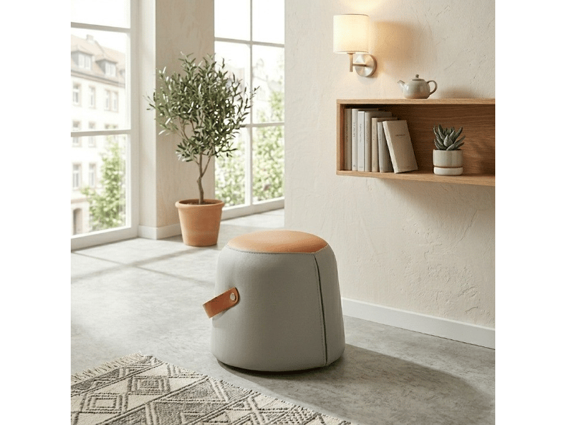  Tabouret moderne - gris - cuir pu - 34.5x34.5x29 cm - poignée en cuir pu - design géométrique - rembourrage en mousse 34.5x34.5x29cm - Conforama B