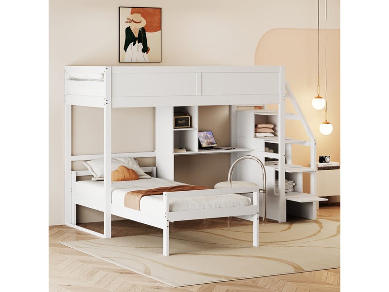 Lit Superposé Enfant 90x200cm Avec Bureau Et Rangement - Multifonction, Blanc, Sans Matelas