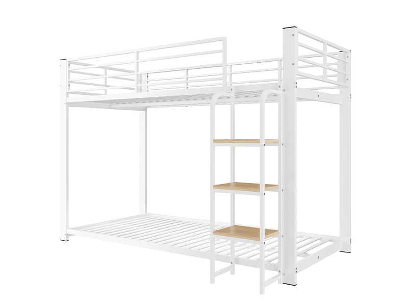  Lit superposé 90x200cm - lit simple enfant en métal avec échelle à marches en bois - barrière de sécurité haut - blanc  - Conforama A
