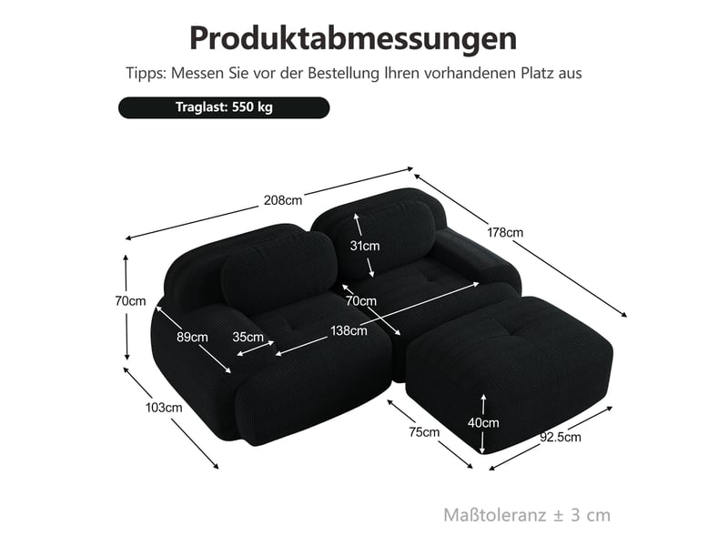  Canapé d'angle modulable en velours côtelé, noir, 208 x 178 x 70 cm Fay Lum - Conforama C