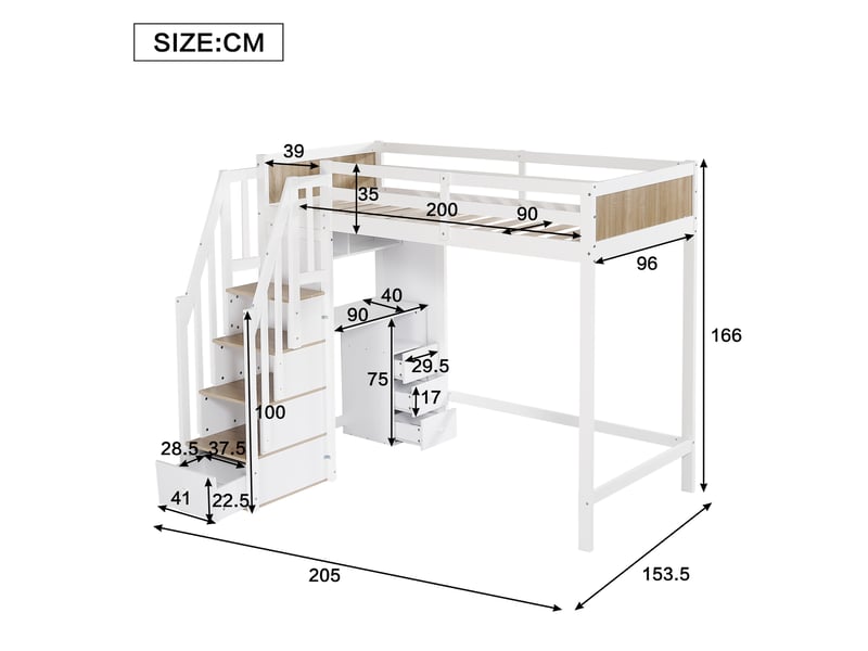  Lit mezzanine enfant 90x200 cm en bois avec bureau intégré, escalier avec rangement, 3 tiroirs et étagère ouverte - blanc et naturel  - Conforama C