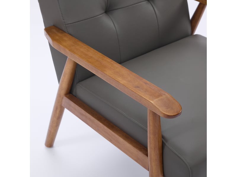 Fauteuil de salon avec dossier capitonné, accoudoirs en bois et structure stable, en cuir gris et bois d'hévéa - Conforama E