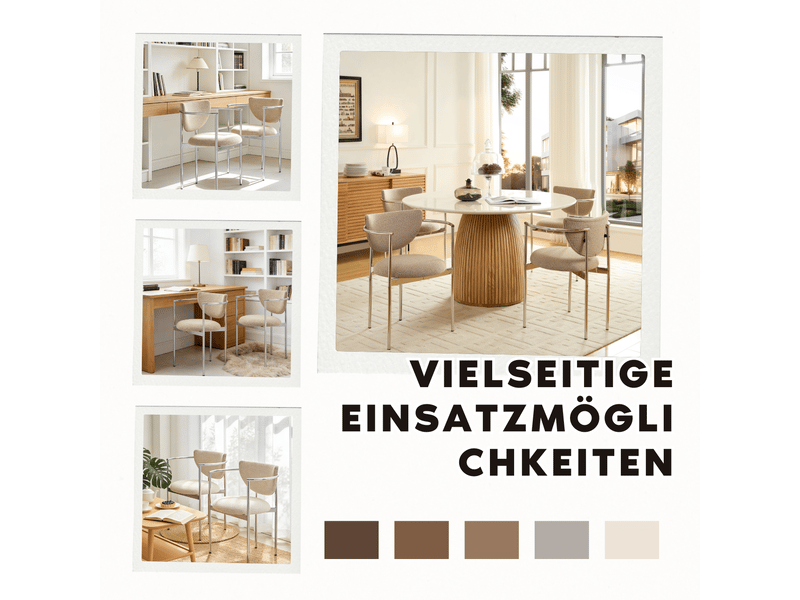  Fauteuil de salle à manger avec accoudoirs et dossier boucle  - structure en acier inoxydable, tissu beige kaki clair  - Conforama E