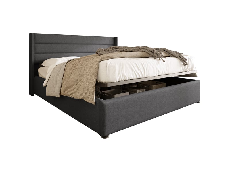 Lit double coffre hydraulique rembourré gris 160 x 200 cm avec matelas - Conforama A