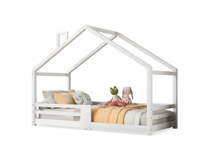 Lit cabane enfant 90x200cm, sommier, décoration de la cheminée de toit,protection, bois, blanc, sans matelas - Conforama A
