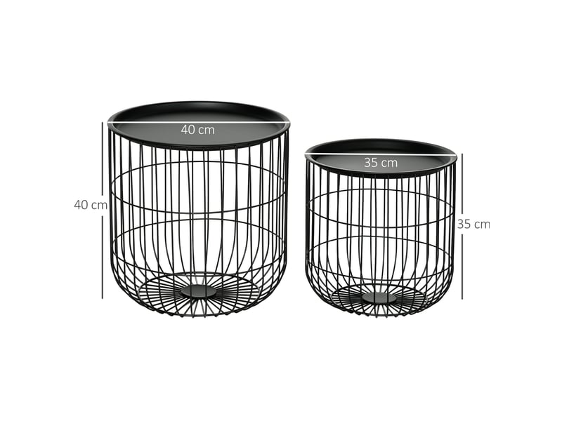 Tables basses gigognes rondes avec plateaux amovibles et rangement ouvert, style scandinave, en acier noir, salon - Conforama E