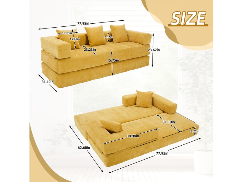  Canapé modulable modenvie 2 places en chenille jaune moutarde avec poches latérales et base antidérapante 198 x 79 x 60 cm  - Conforama C