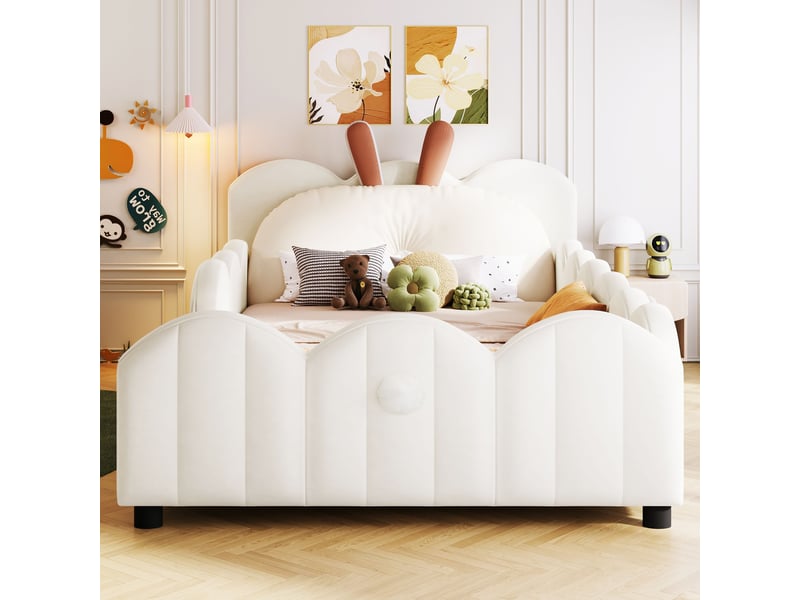  Lit enfant rembourré 90x200 cm avec barrières de sécurité, tête de lit avec coussin lapin, structure en pin et mdf, beige  - Conforama B