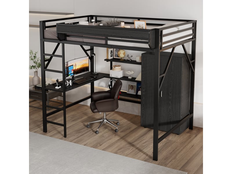  Lit mezzanine noir en métal et mdf 140x200cm avec bureau, double rangement, étagère et armoire intégrée  - Conforama E