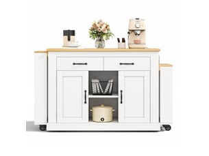 Îlot de cuisine 142x55x93 cm avec deux plans de travail extensibles, sur roulettes, mdf, blanc