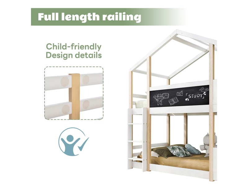  Lit mezzanine enfant 200×90 cm avec toboggan, échelle et tableau, sans matelas, en pin massif et mdf blanc  - Conforama E