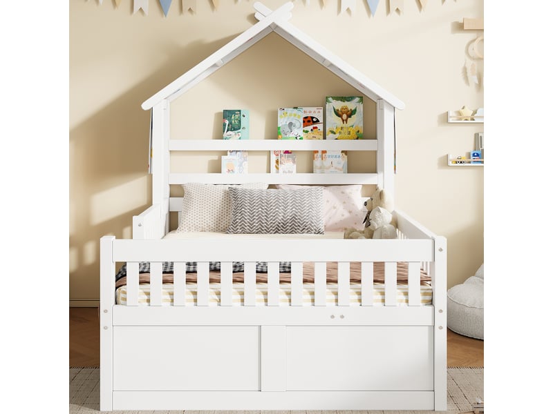 Lit cabane enfant double 140×200 cm avec lit gigogne, 3 tiroirs et barrière -- sans matelas, bois - blanc  - Conforama C