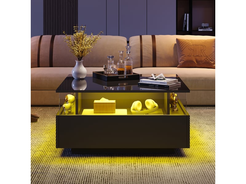  Table basse carrée 70x70 noire brillante avec led - 2 tiroirs et vitrine acrylique  - Conforama E