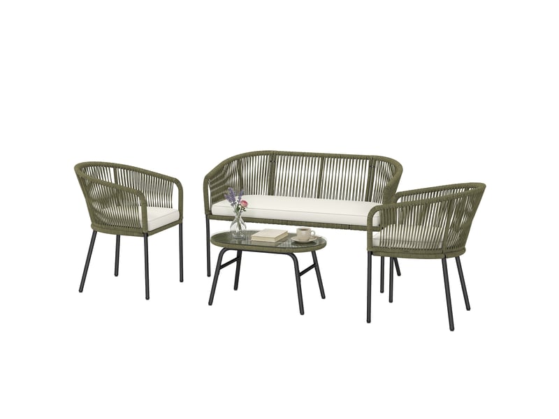  Salon de jardin extérieur 4 pl. Canapé 2 pl. 2 fauteuils et table basse verre trempé pp tressé crème  - Conforama A