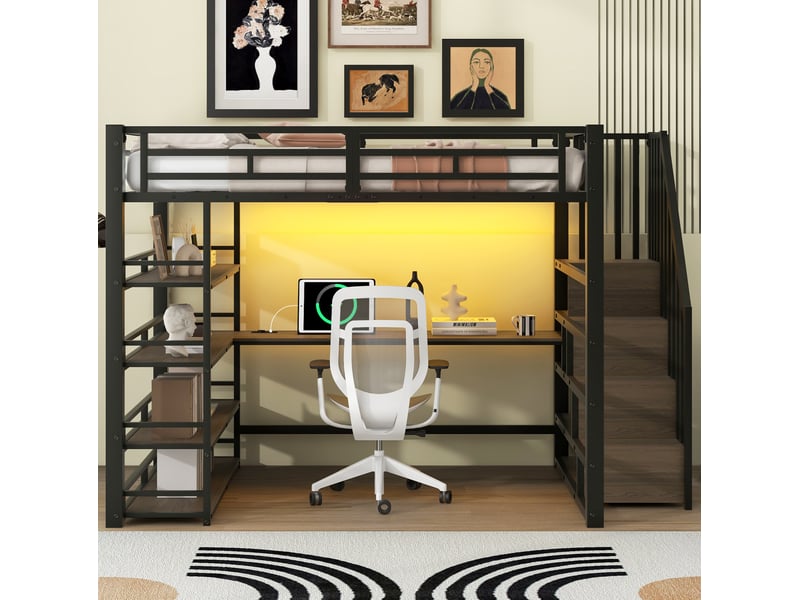  Lit mezzanine 140x200 cm en métal avec bureau, rangements, led et usb noir  - Conforama E