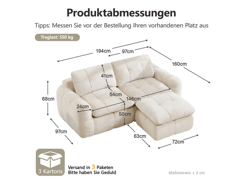  Canapé d’angle modulable 2 places en chenille beige – 194 x 160 x 68 cm Fay Lum - Conforama C