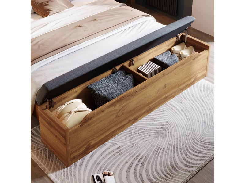 Lit double 180 × 200 cm avec chevets, liseuses usb-c et banc coffre, chêne IKSETERA TRADING LTD - Conforama E