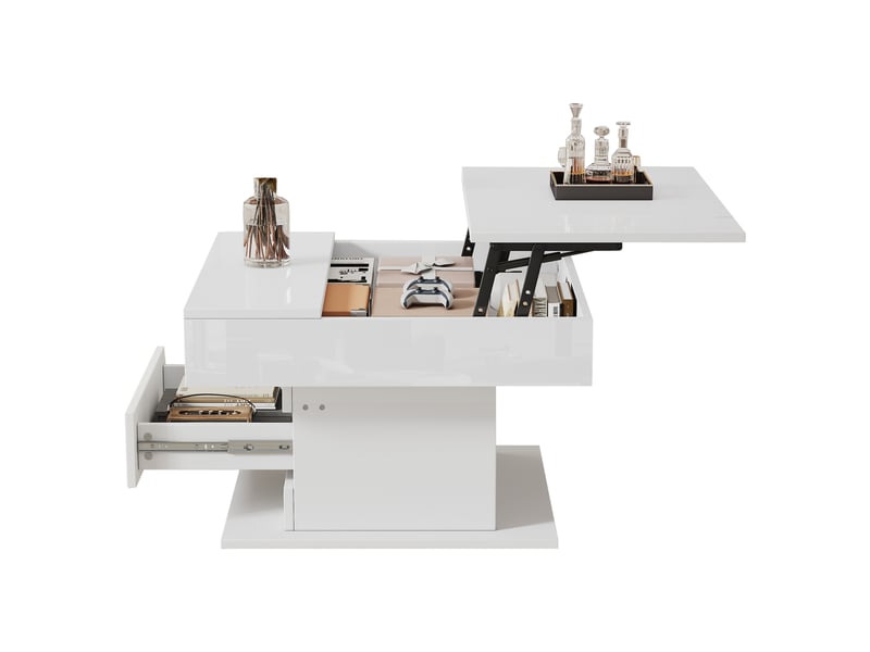 Table basse carrée 70x70 cm avec plateau relevable, finition blanche brillante, table de salon pivotante à 360 degrés - Conforama A