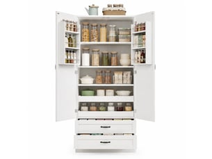 Colonne de cuisine avec 2 portes, 3 étagères coulissantes et 2 tiroirs, en mdf blanc, 80 × 37,5 × 180 cm