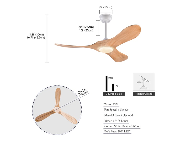  Ventilateur de plafond 107 cm éclairage led 3 couleurs dimmable 3 pales bois massif naturel et blanc réversible 6 vitesses  - Conforama E