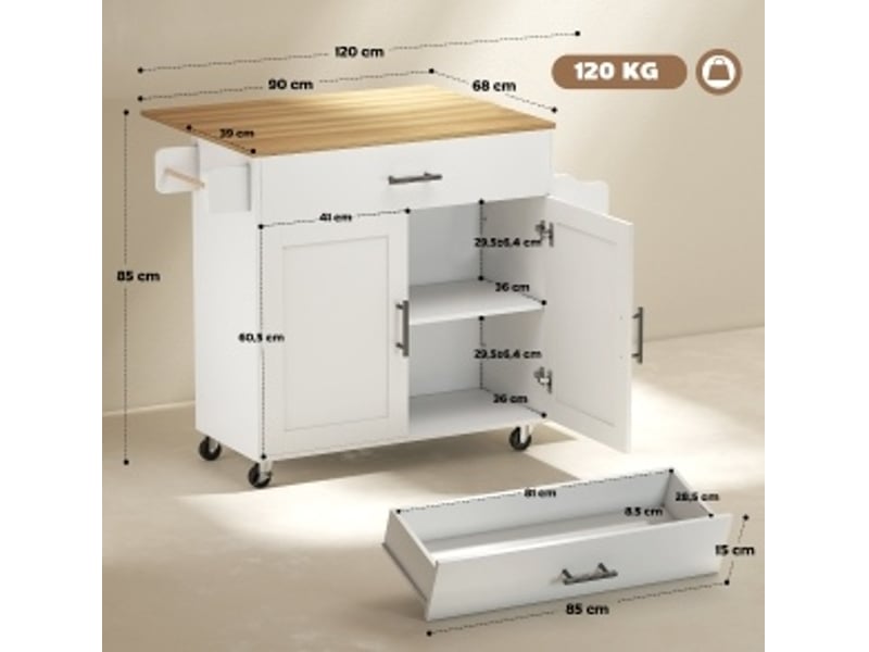  Ile de cuisine tissus sur roulettes, avec plateau de travail rétractable, tiroir, rangements, 120 x 68 x 85 cm, blanc  - Conforama D