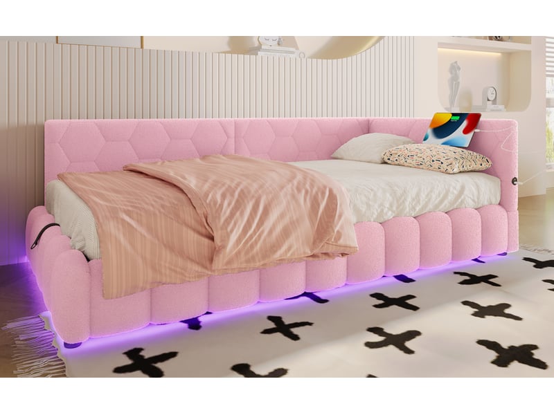  Lit banquette coffre 90 × 200 cm, dossier hexagonal, sommier relevable, led, usb et usb-c, façade festonnée, rose  - Conforama B