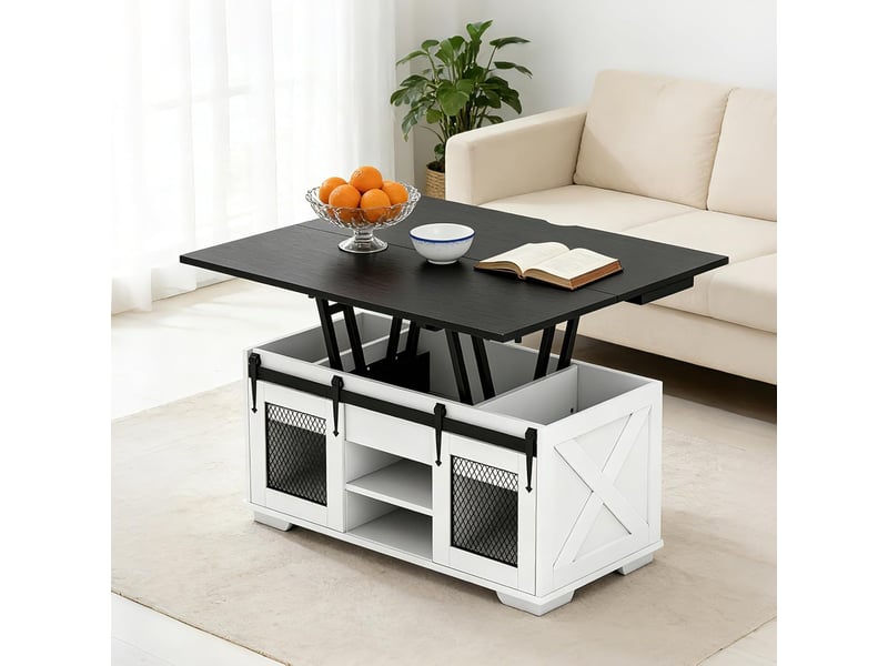  Table basse relevable, 3 compartiments caché, 2 portes coulissantes, table de café industrielmoderne avec plateau relevable, charge 75 kg (noir)  - Conforama B