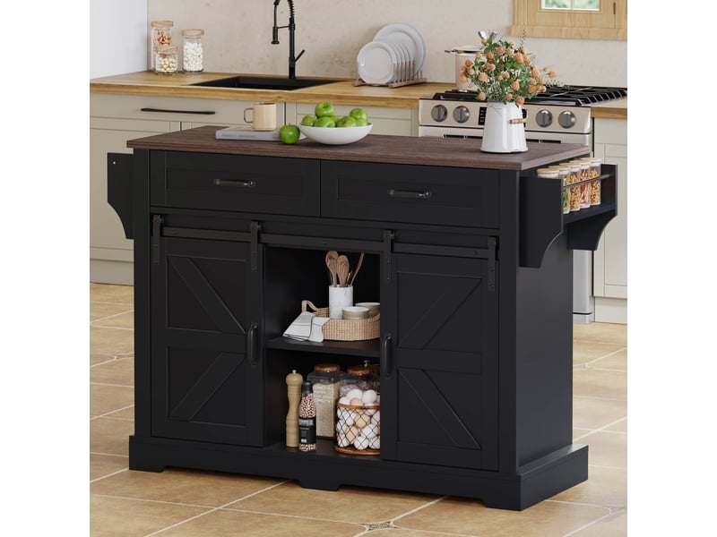  Îlot de cuisine noir style grange avec plateau rabattable, desserte sur roulettes, 2 portes coulissantes, 120x70x91 cm  - Conforama C