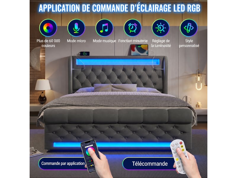  Lit coffre hydraulique 140 x 200 cm en velours gris avec led, usb et usb-c  - Conforama D