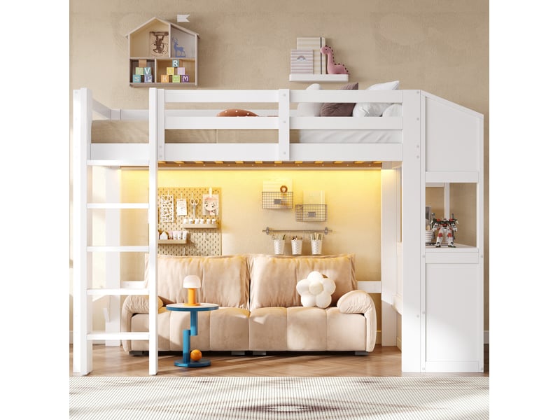  Lit mezzanine modenvie 90 x 200 cm avec 3 tiroirs, étagères et éclairage led blanc  - Conforama D