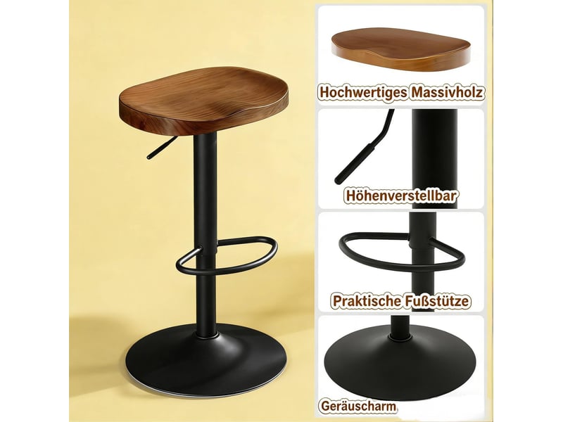  Tabouret de bar 66-90x33x38 cm, pivotant, hauteur réglable, chaise de bar, structure en bois et métal, couleur marron  - Conforama E