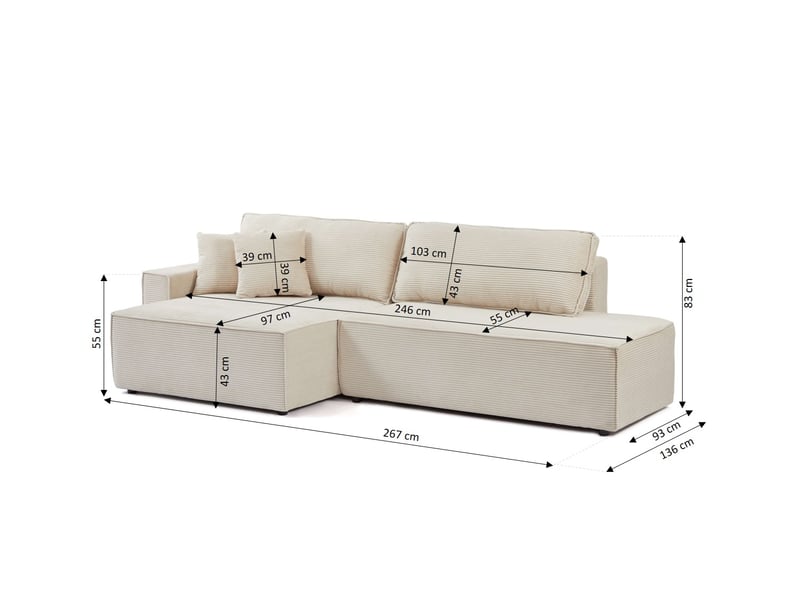 Canapé d'angle gauche ouvert convertible zola 4 places velours cotelé beige  - Conforama C