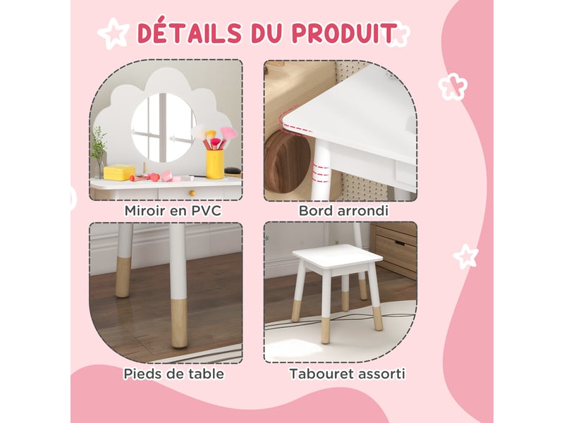 Ensemble coiffeuse pour enfant avec tabouret, miroir forme de nuage, coiffeuse 2 pièces pour enfants de 3 à 6 ans, blanc - Conforama R
