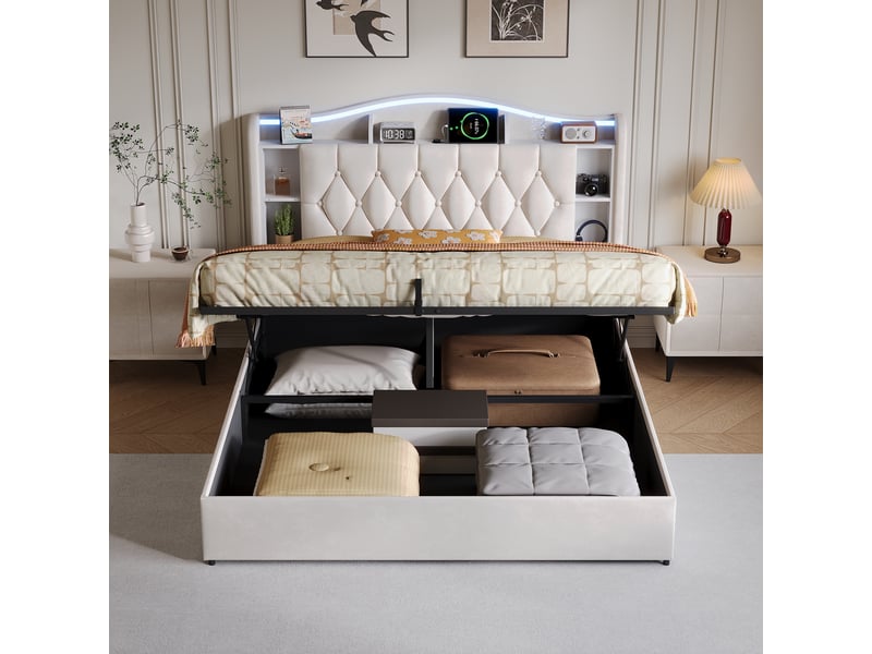  Lit coffre 140x190cm - lit double 140x190 - rembourré en velours avec led rgb, tête de lit avec rangement et usb - beige  - Conforama C