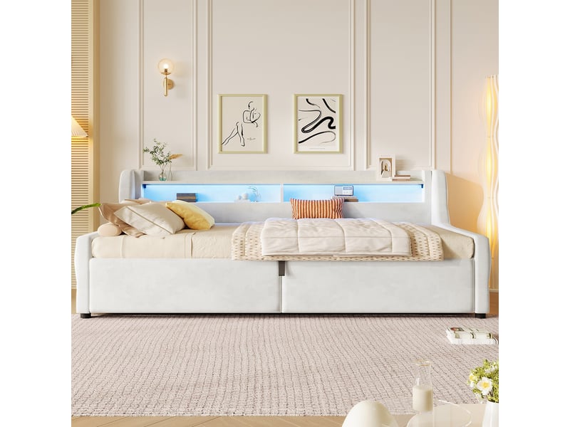 Lit enfant capitonné 90x200 lit coffre hydraulique lit simple avec rangement éclairage led, beige  - Conforama C