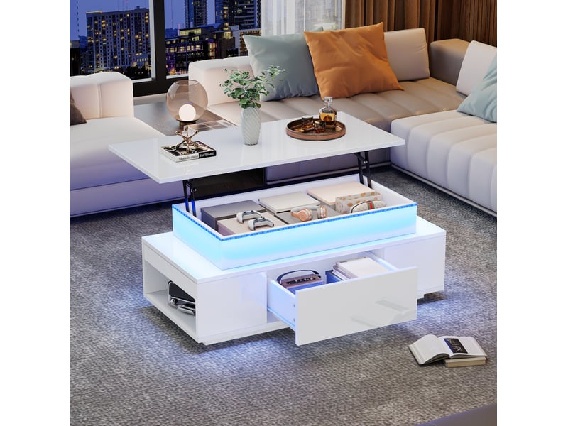  Table basse 96x45x40 cm plateau relevable led panneau de particules blanc  - Conforama E