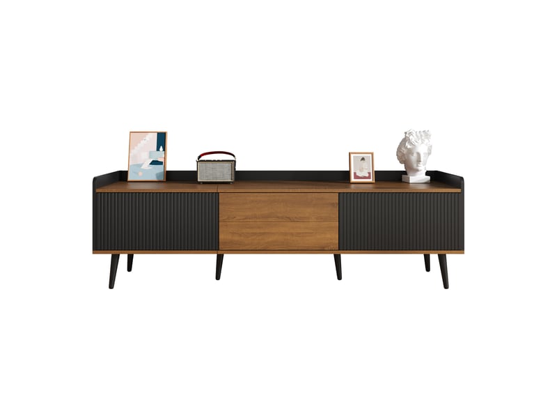  Meuble tv noir et bois 160 cm, meuble tv 3 portes avec bords surélevés et pieds en bois massif pour salon  - Conforama A