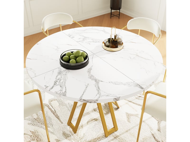  Table à manger ronde 100 x 100 x 76 cm, plateau mdf effet marbre, blanc et doré  - Conforama D