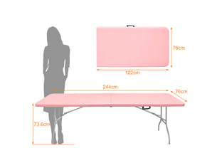 Table pliante portable 244x76 cm – rose – poignée de transport – capacité de charge 135 kg – rangement compact