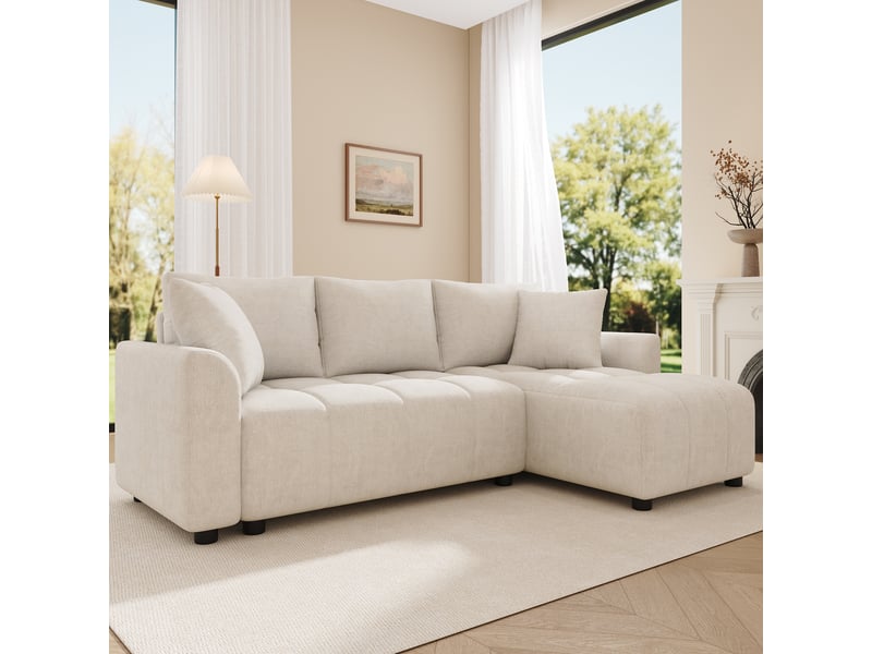  Canapé 3 places convertible en l,204x127x82.5cm tissu chenille, avec 2 coussins décoratifs, design moderne, beige, pour salon et appartement BUYDEEMEUS - Conforama B