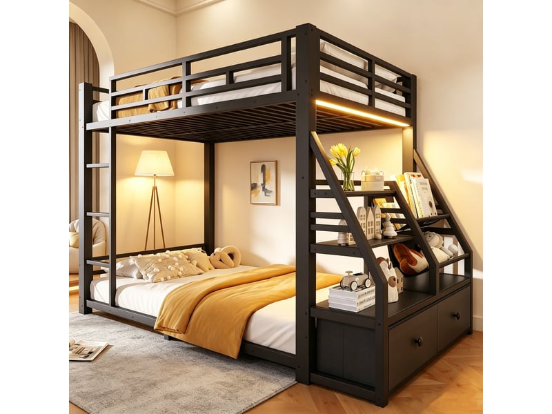  Lit superposé en métal 90x200 cm, éclairage led, 2 tiroirs en tissu, escalier, garde-corps, rangement ouvert, noir BrimViber - Conforama D