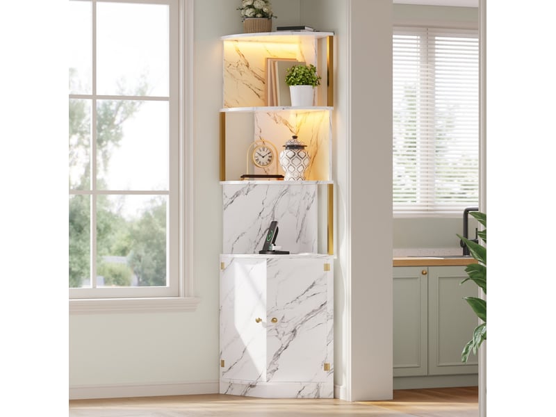  Buffet haut d'angle 38x38x180 cm – blanc – led, prises, 2 portes et rangement gain de place en mdf  - Conforama B